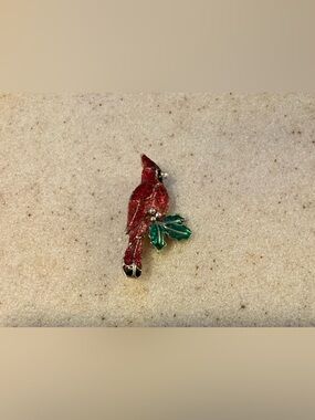Red Cardinal Enamel Brooch with Green Leaves - Elegant Women's Pin